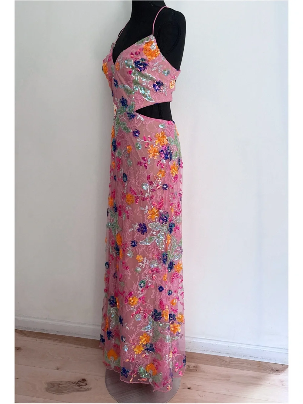 Mac Duggal Pink Floral Sequin Backless Lace-Up Evening Gown Maxi Beaded Dress 6 - Picture 6 of 12